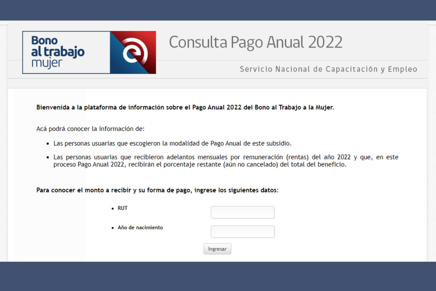 Captura del sitio de consultas del pago anual del Bono al Trabajo de la Mujer.