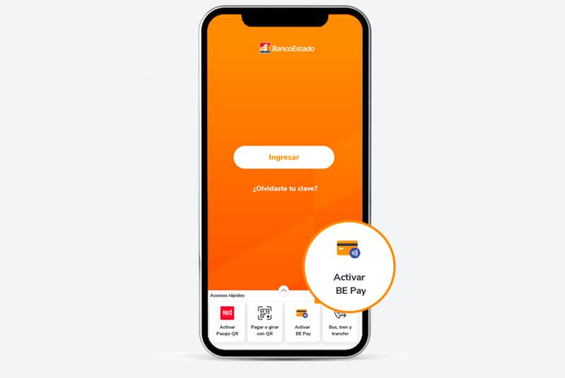 Captura de pantalla de Banco Estado con el sistema Be Pay en un celular con fondo naranjo y blanco