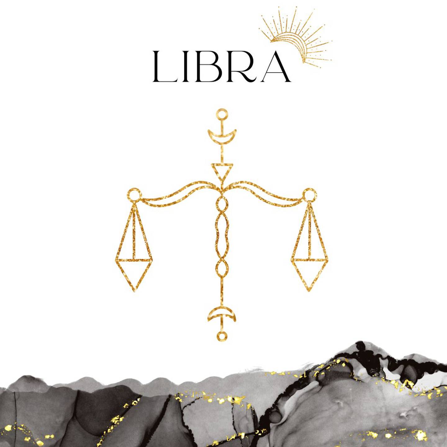 Palabra 'LIBRA' en letras grandes y negras en el centro. Debajo, símbolo del signo de Libra: una balanza dorada.