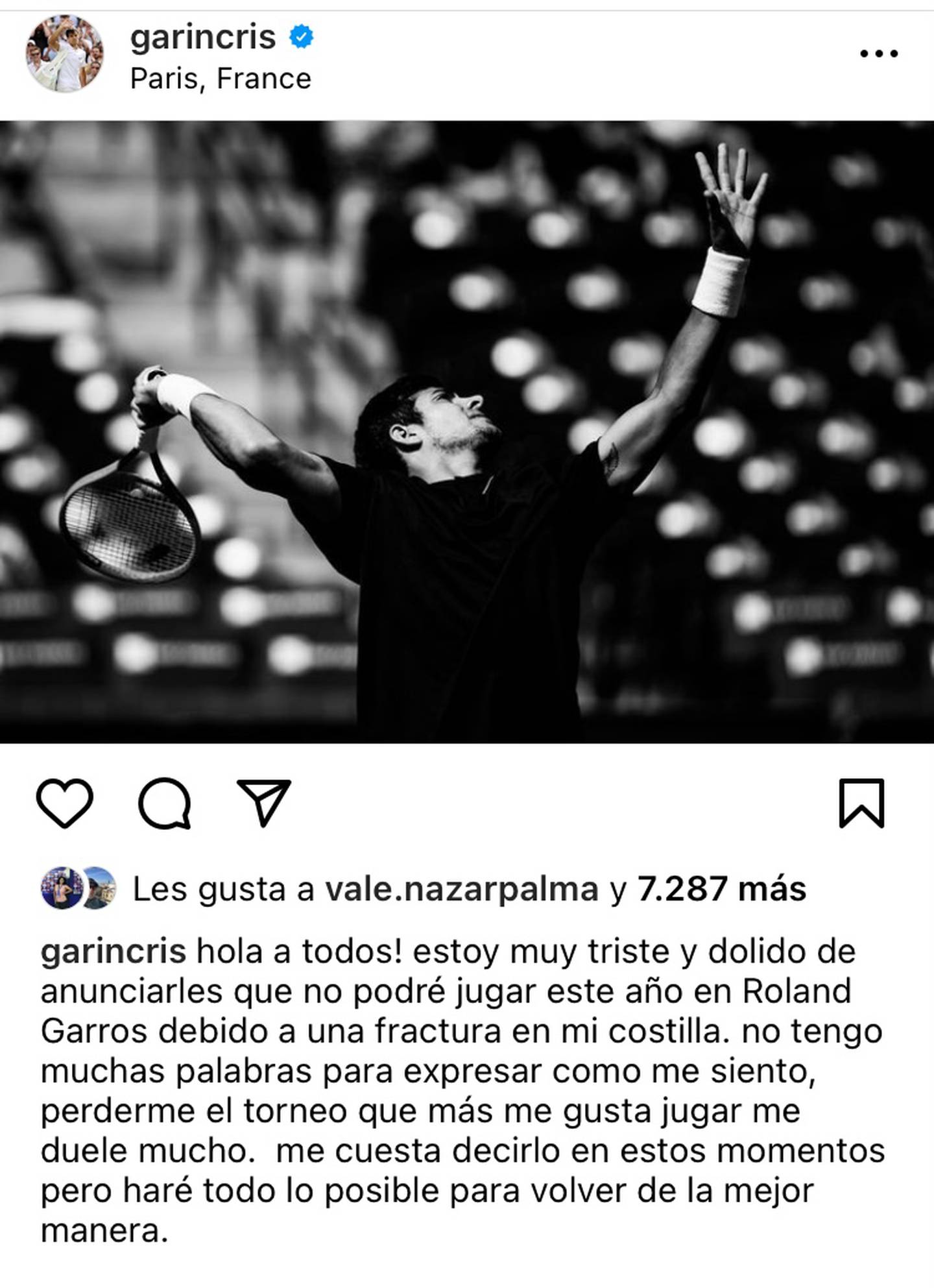 Publicación de Instagram de Cristian Garin en que confirma que no jugará en Roland Garros.