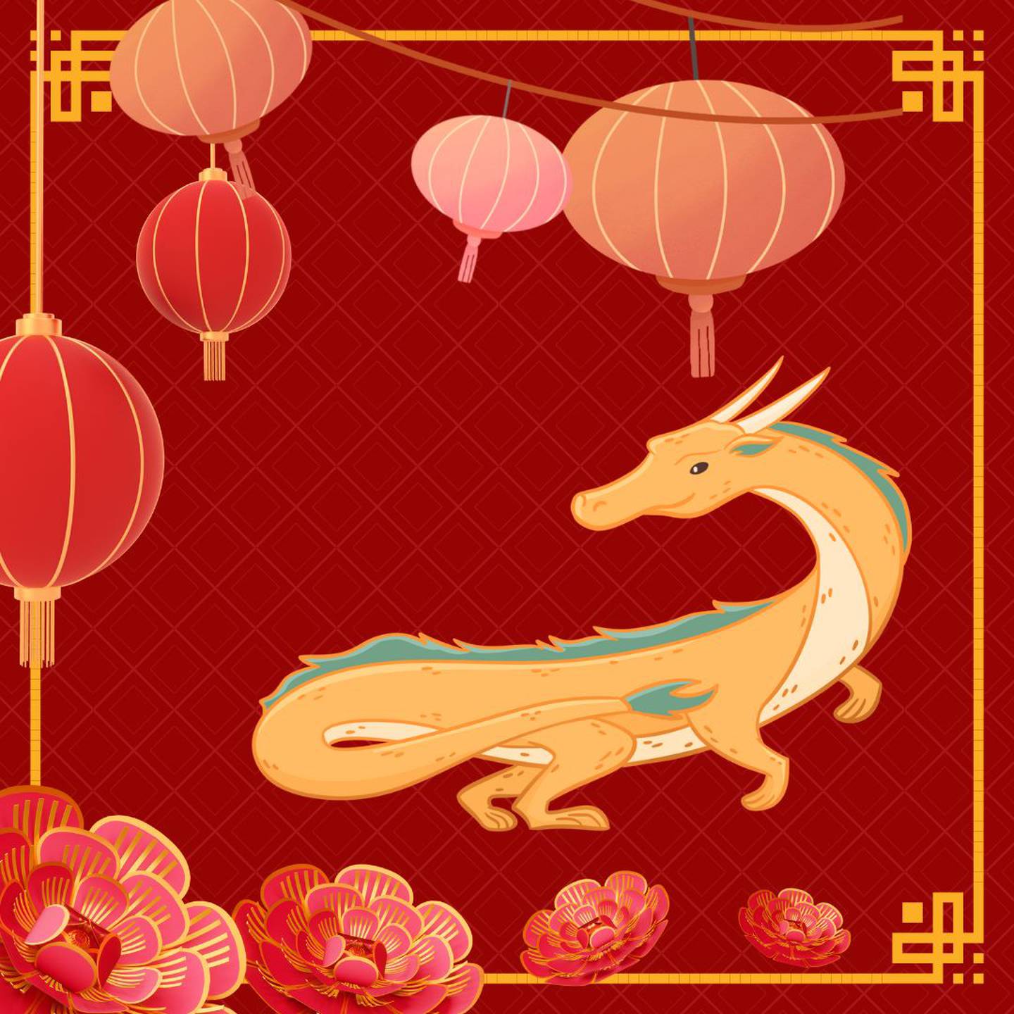 Caricatura de un dragón amarillo sobre un fondo rojo con motivos orientales.