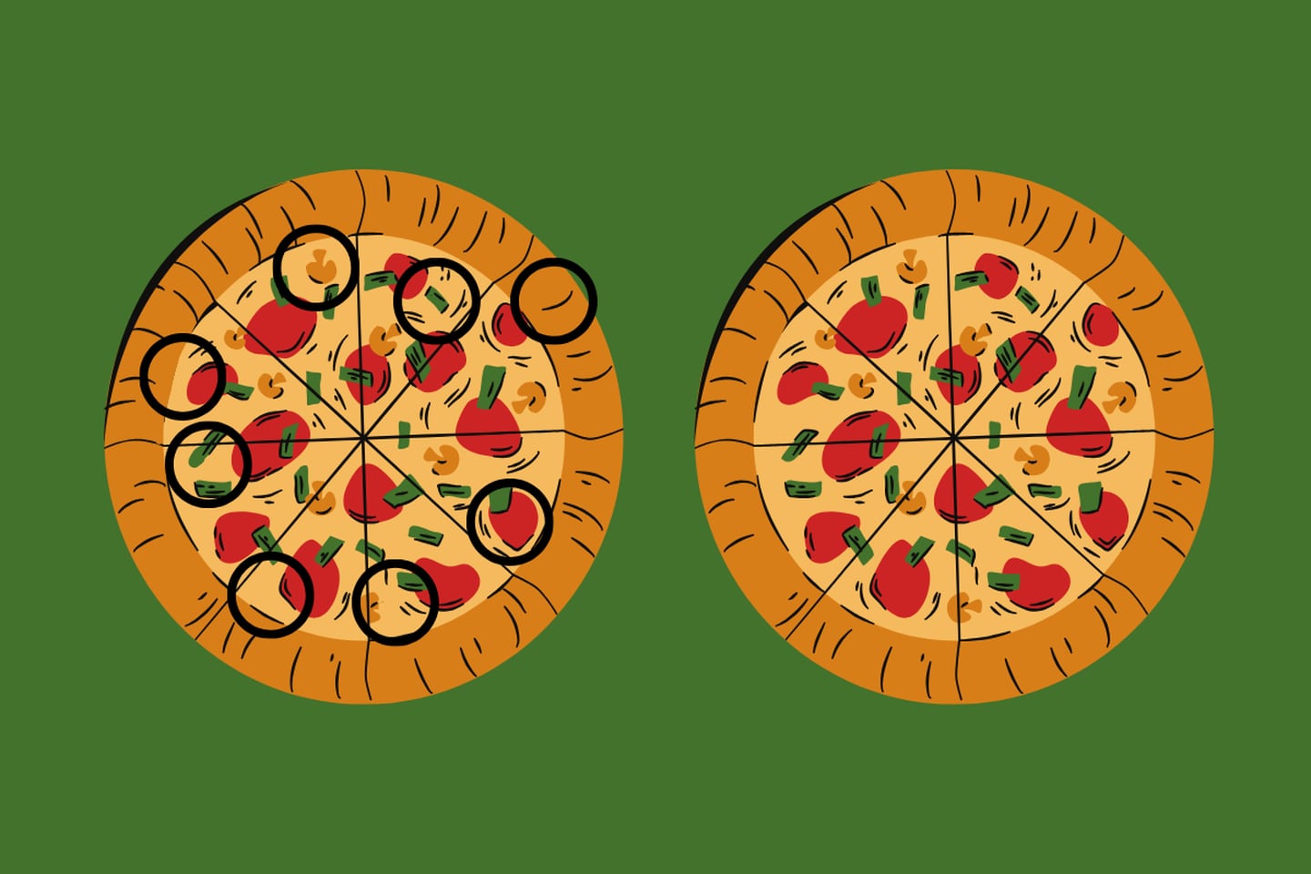 En este test visual hay dos pizzas que parecen iguales, pero hay 8 diferencias entre ellas.