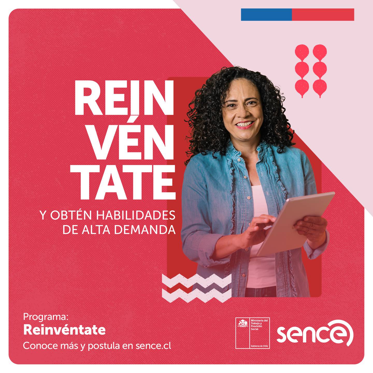 Afiche del programa Reinvéntate, del Sence que ofrece cursos a personas sin empleo en todo Chile.