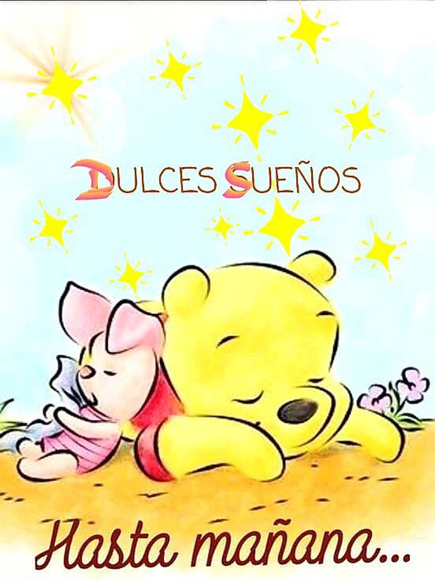 Piglet y Winnie the Pooh durmiendo y una frase que dice "Dulces sueños, hasta mañana".