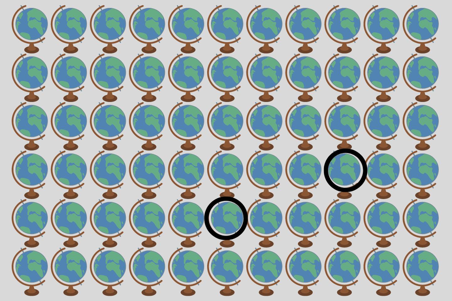 Muchos globos terráqueos iguales, pero dos diferentes, que están señalados con círculo negro.