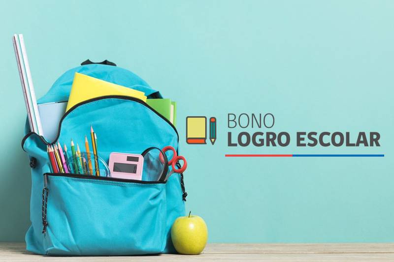 Mochila de color celeste llena de útiles escolares frente a una pared verde agua y al lado el logo del Bono Logro Escolar.