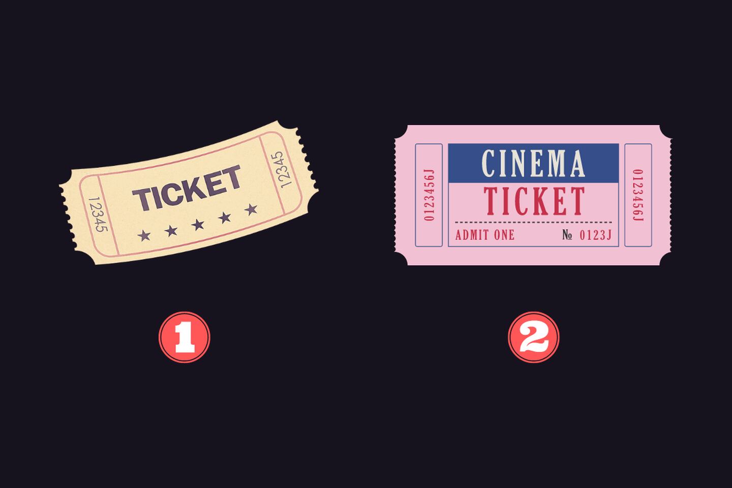 dos tickets diferentes: uno beige y otro rosado con más detalles.