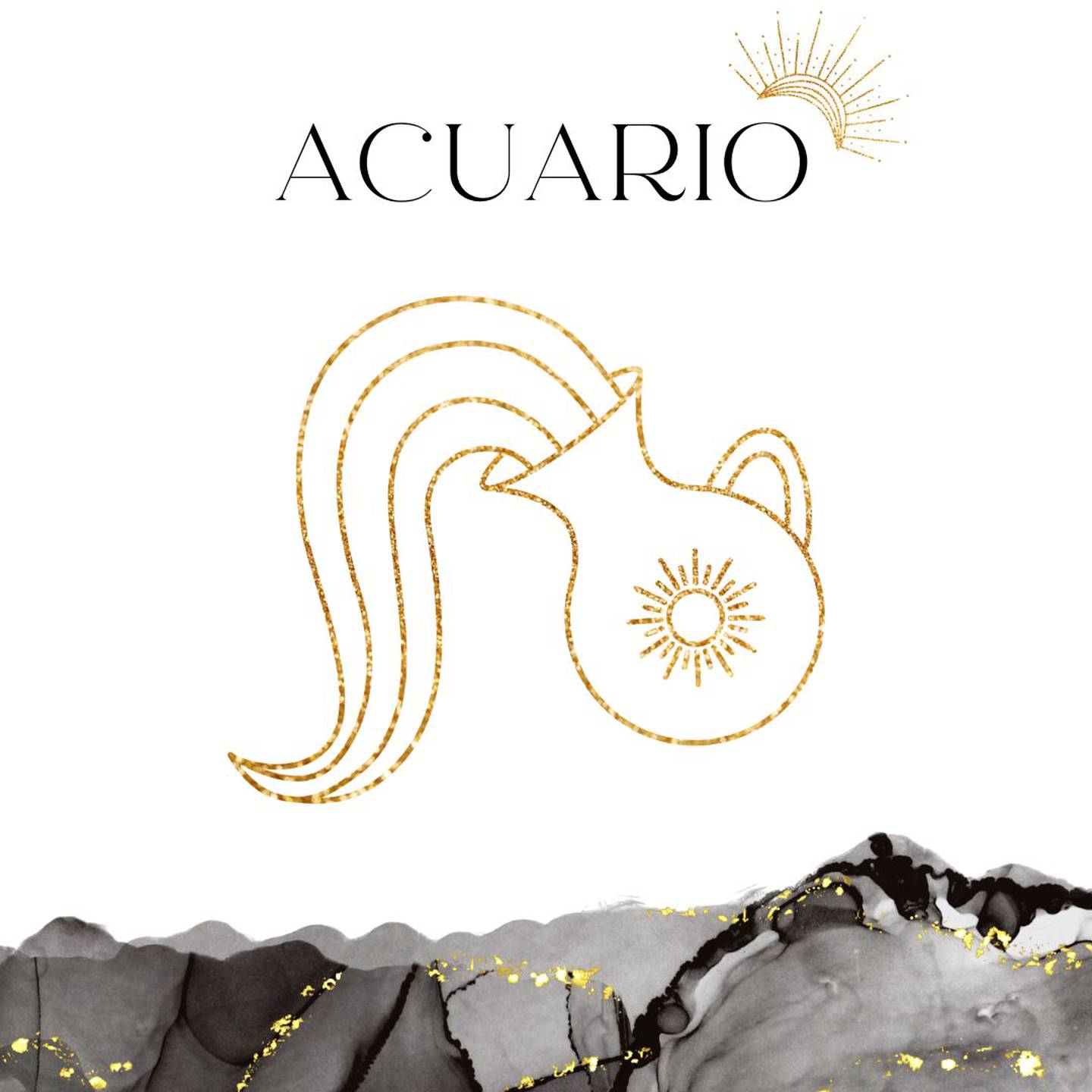 Palabra 'ACUARIO' en letras grandes y negras en el centro. Debajo, símbolo del signo de Acuario: un jarrón vertiendo agua en dorado.