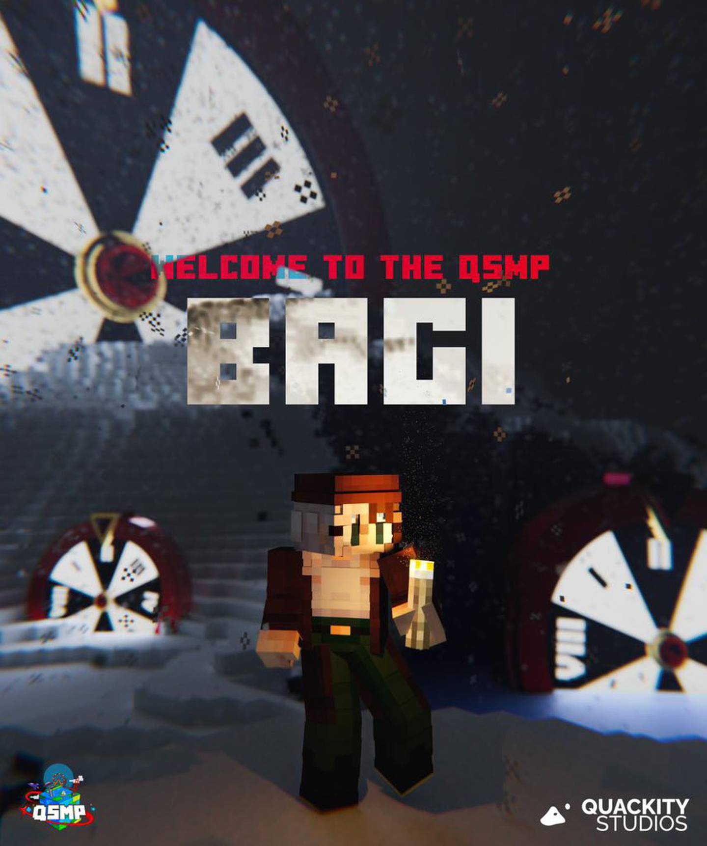 Poster con la skin de Minecraft de Bagi frente a ruletas de casino.