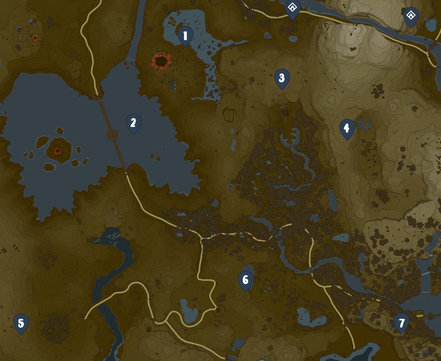 Mapa de la región de Faron de The Legend of Zelda: Tears of the Kingdom, con la ubicación de los 7 santuarios disponibles para visitar.