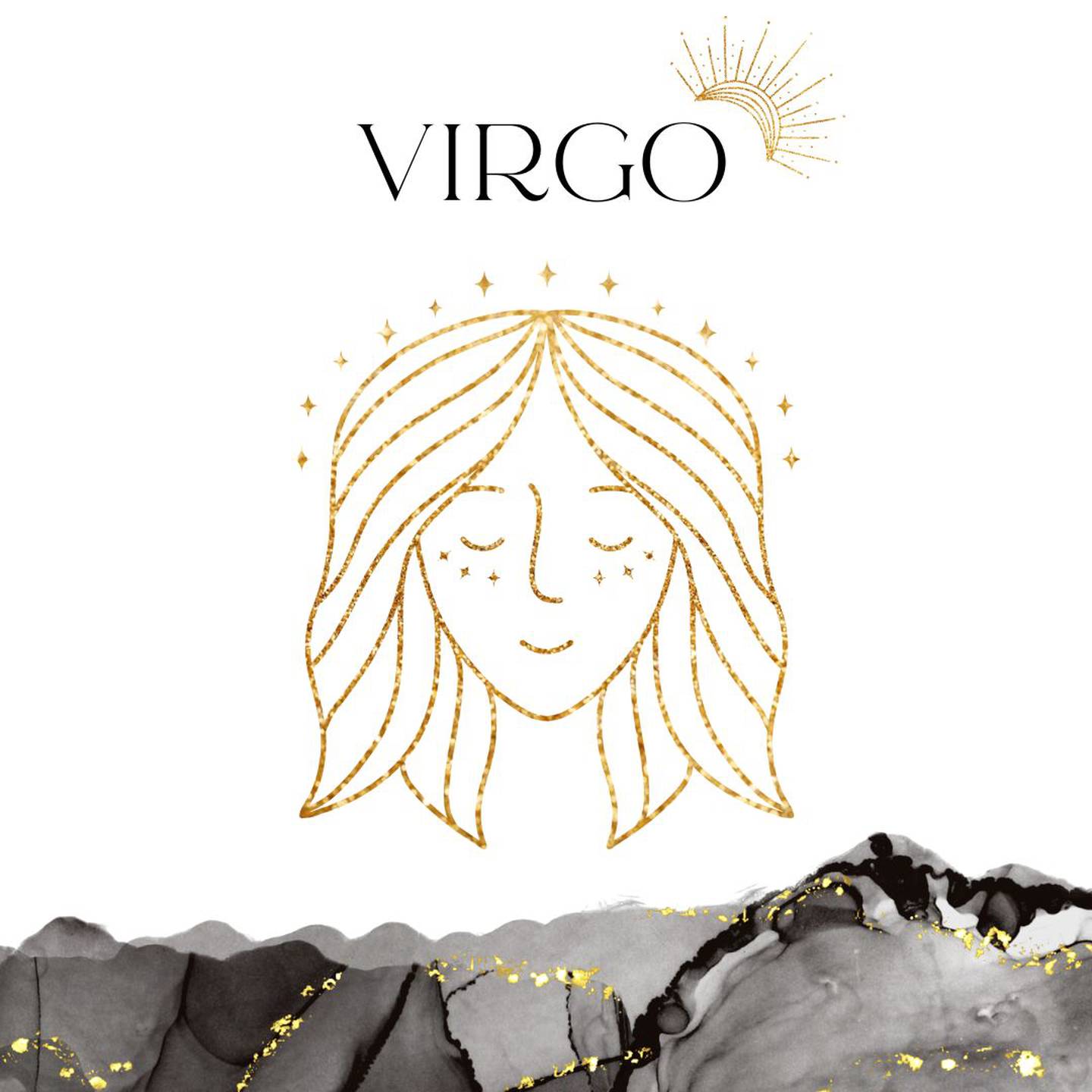 Palabra 'VIRGO' en letras grandes y negras en el centro. Debajo, símbolo del signo de Virgo: el rostro de una virgen en dorado.