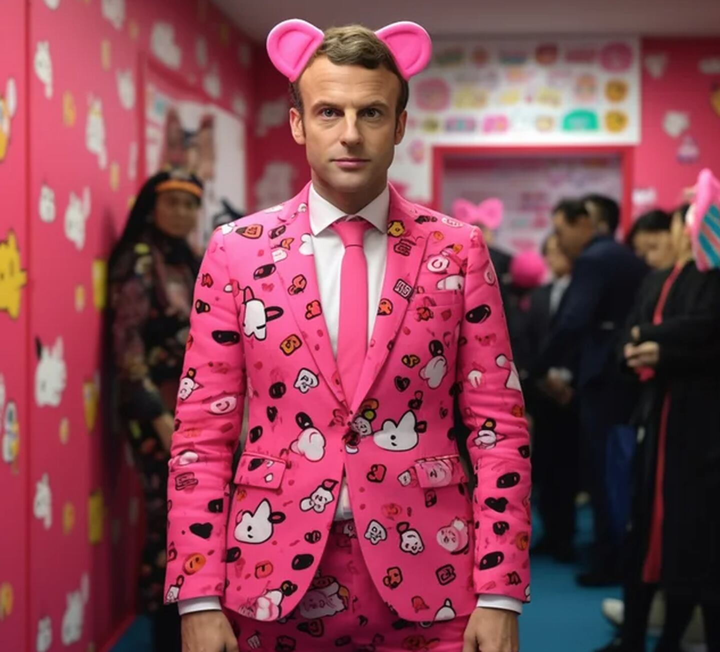 Emmanuel Macron, presidente de Francia, con traje de Hello Kitty