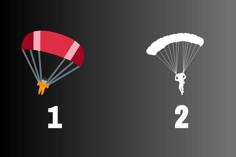 Se ven dos paracaídas: uno rojo y otro blanco.