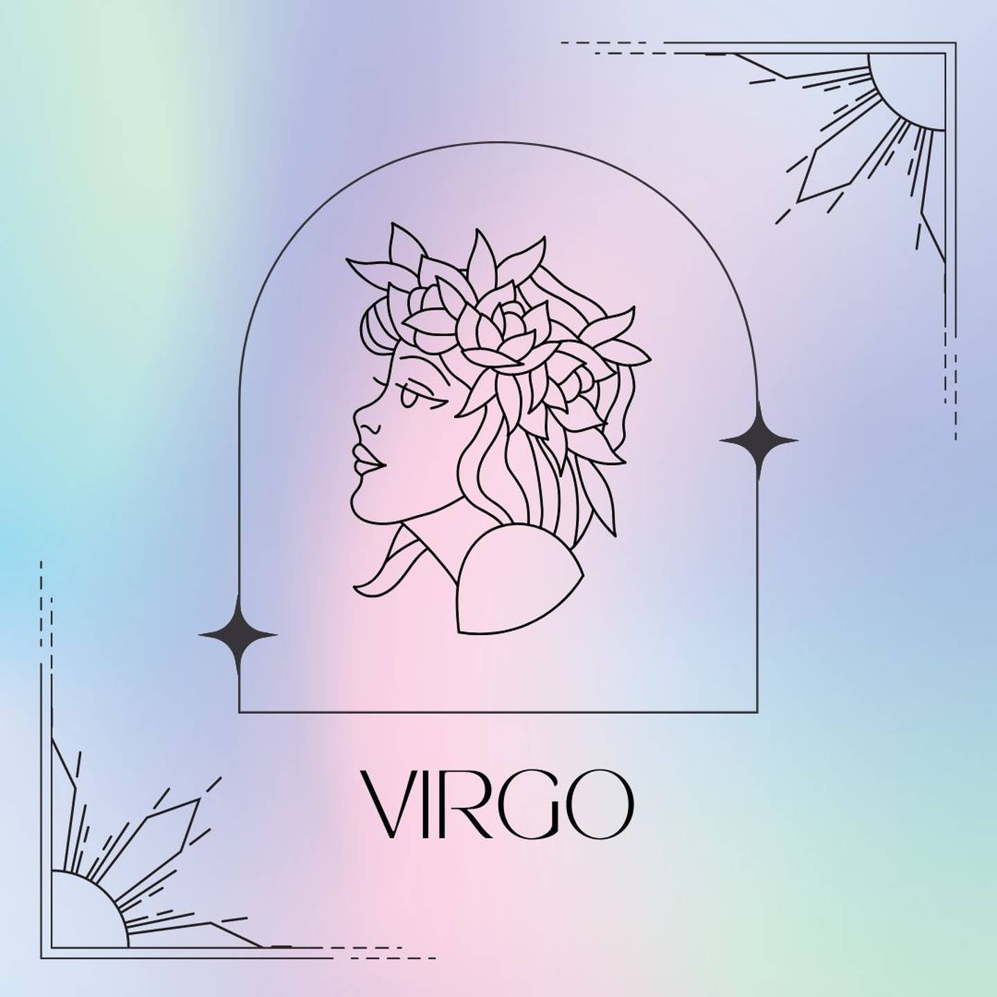 Dibujado en negro, el símbolo de Virgo aparece enmarcado sobre un fondo de suaves colores pastel.