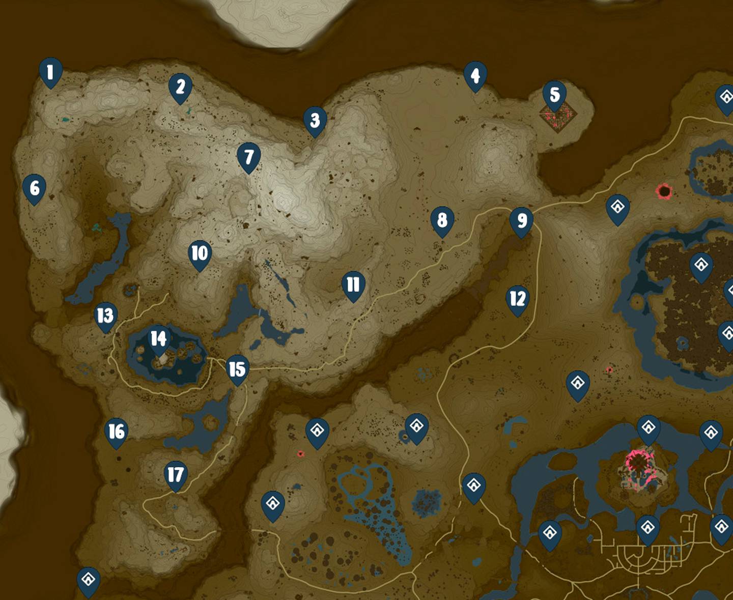 Mapa de la superficie de la localidad de Hebra de Zelda: Tears of the Kingdom con la ubicación de 17 Santuarios.
