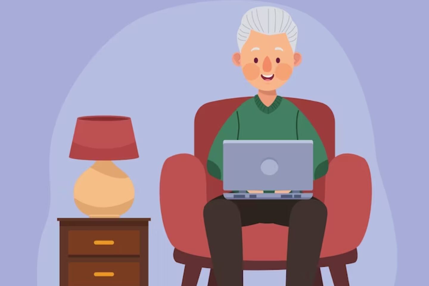 Ilustración de un hombre mayor sentado en un sofá con una computadora en sus piernas