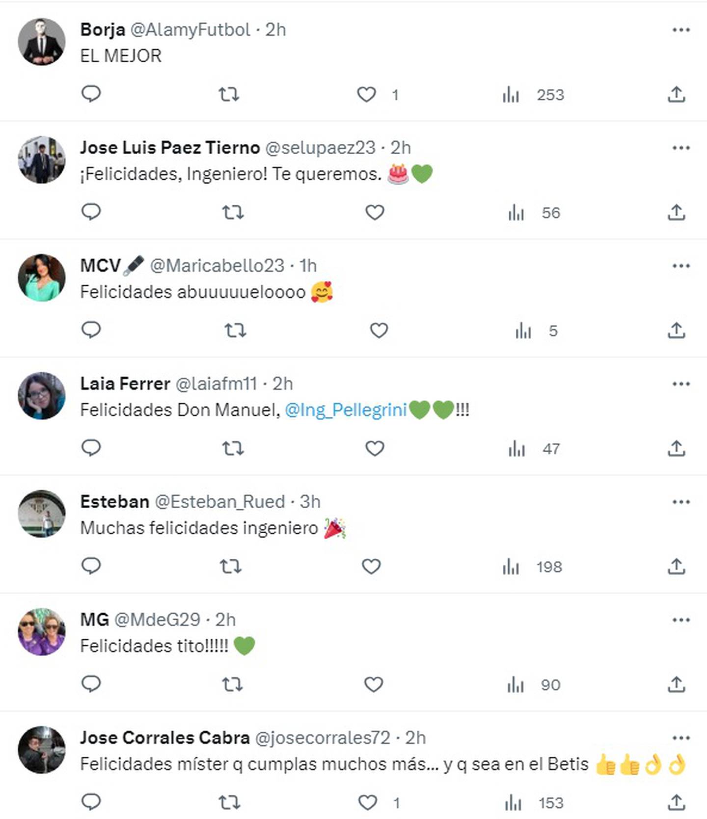 Hinchas de Betis felicitan en Twitter a Manuel Pellegrini por su cumpleaños.