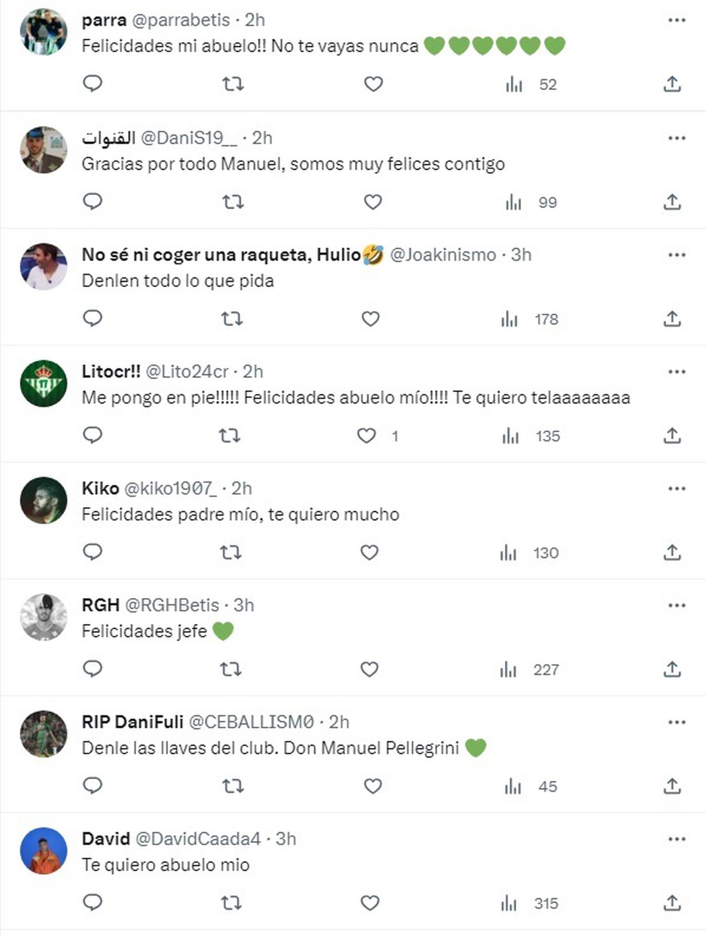 Hinchas de Betis felicitan en Twitter a Manuel Pellegrini por su cumpleaños.