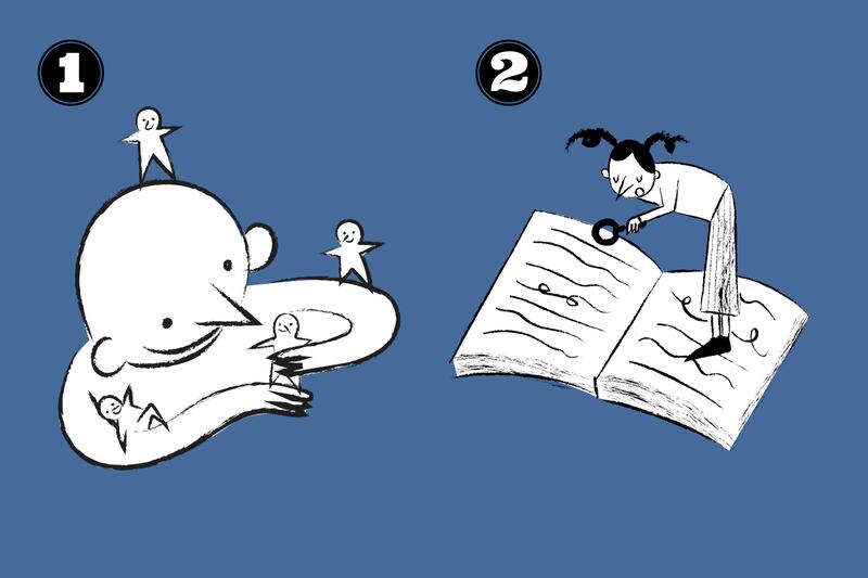 Dos dibujos el primera es un hombre con personas pequeñas entre sus brazos y la segunda es un hombre con una lupa sobre un libro.