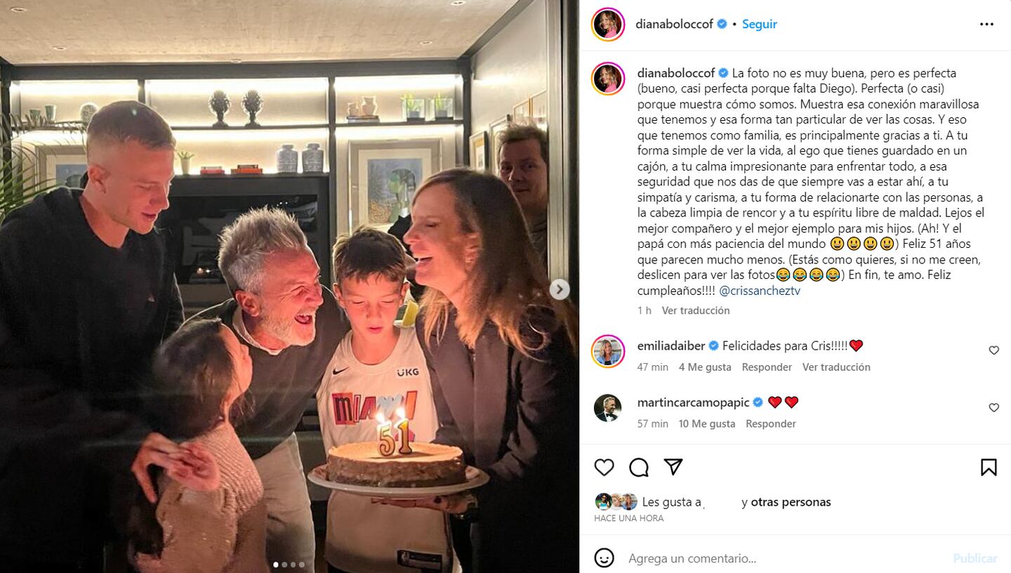 Publicación de Instagram de Diana Bolocco celebrando el cumpleaños de Cristián Sánchez.