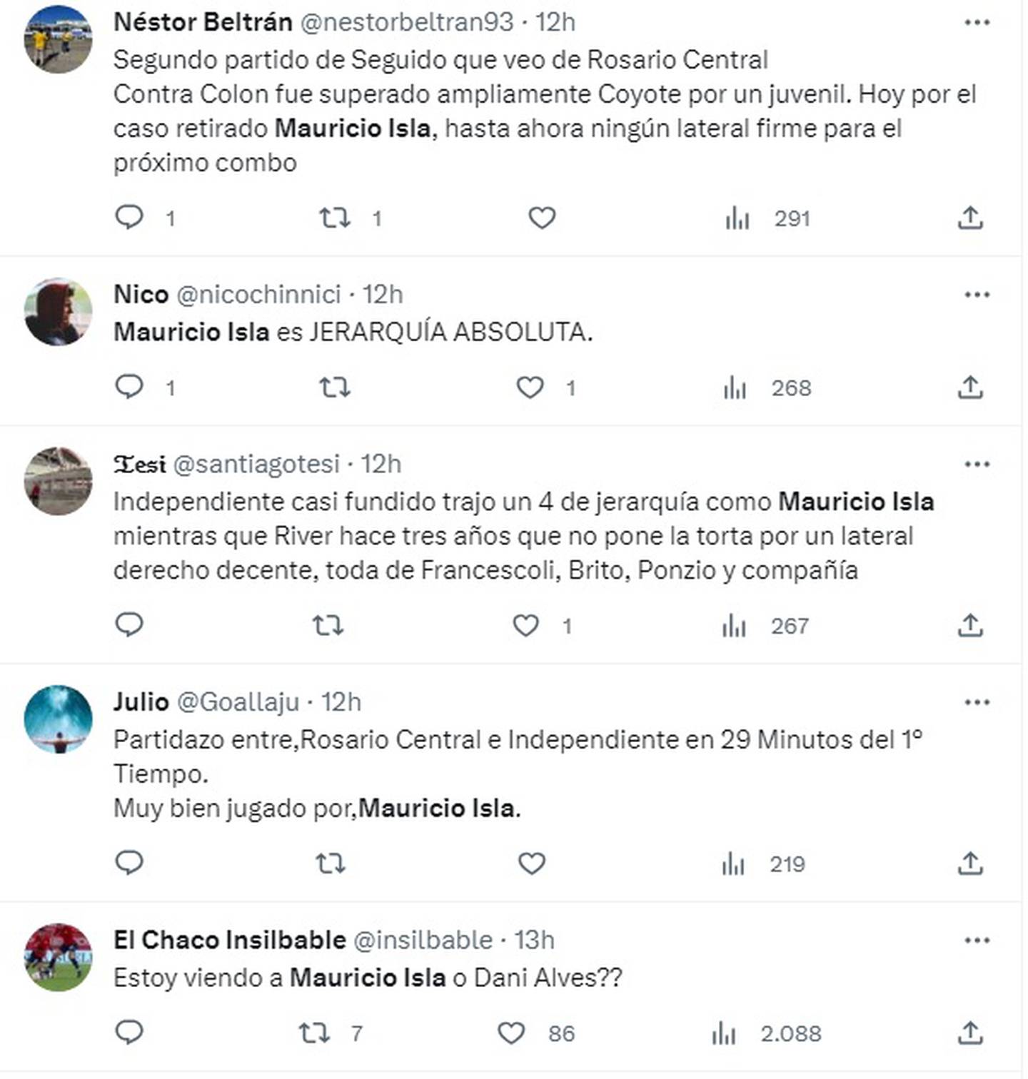 Hinchas de Independiente elogian a Mauricio Isla en redes sociales.