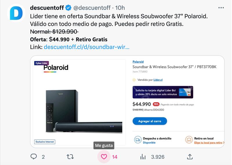 DescuentOff recomienda este Soundbar & Wireless Soubwoofer 37" Polaroid con 70% de descuento en el Cyberday 2023.