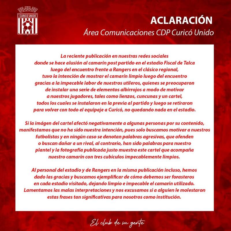 Este fue el comunicado liberado por Curicó. Créditos: @curicounidosadp/X