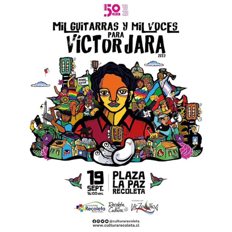 Cartel del evento en blanco de fondo con una imagen de Víctor Jara dibujada.