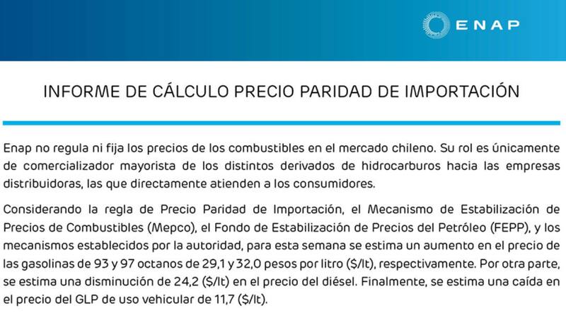 Última variación del precio de las bencinas. Créditos: ENAP.
