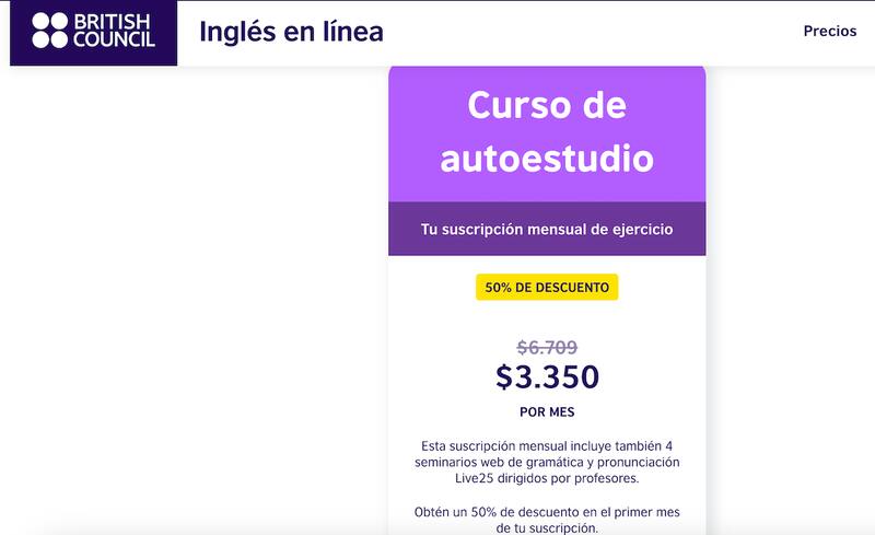 British Council tiene este curso de inglés de autoestudio por $6.709 pesos al mes con descuento de 50% el primer mes.