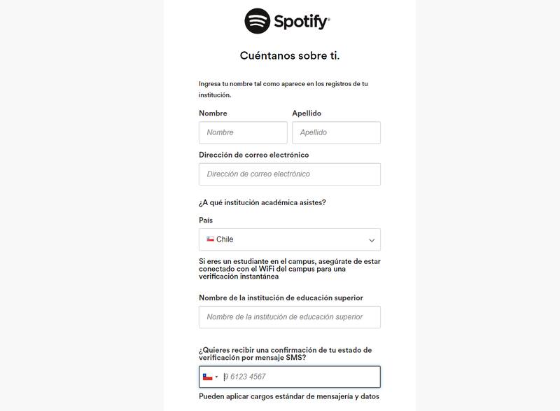 Estos datos deberás completar para que la plataforma se asegura de que eres estudiante. Créditos: Spotify
