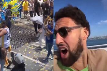 VIDEO | Botó a una fanática y perdió su gorro de campeón: los bloopers de Klay Thompson en los festejos de los Warriors