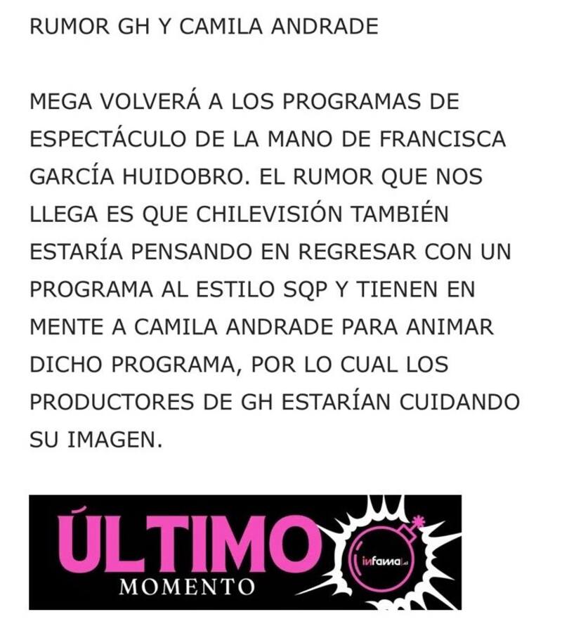 Camila Andrade ya tendría programado su nuevo desafío laboral.