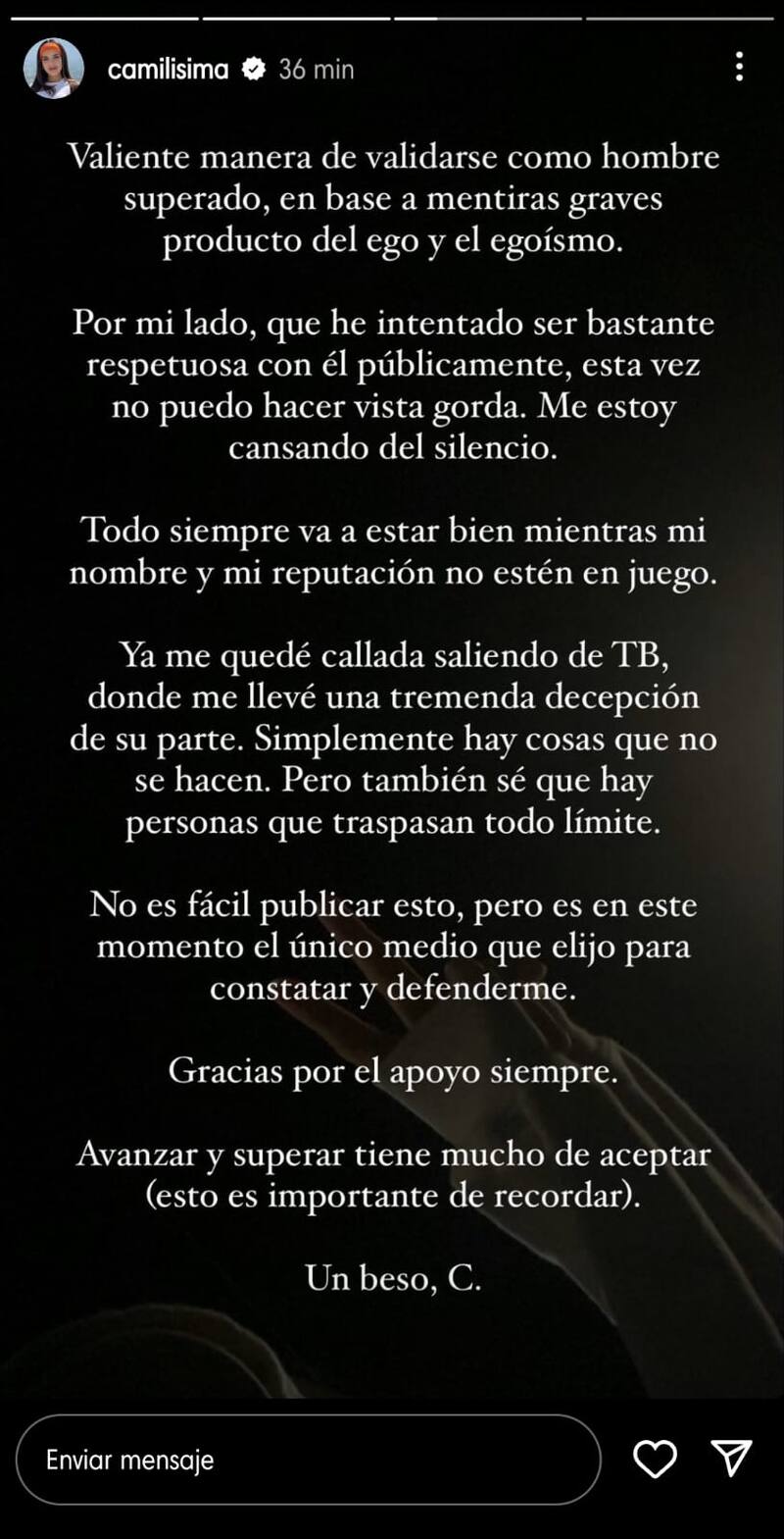 Camila Campos, Camilísima, en sus historias de Instagram.