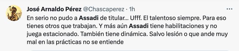 Hinchas cuestionan suplencia de Lucas Assadi.