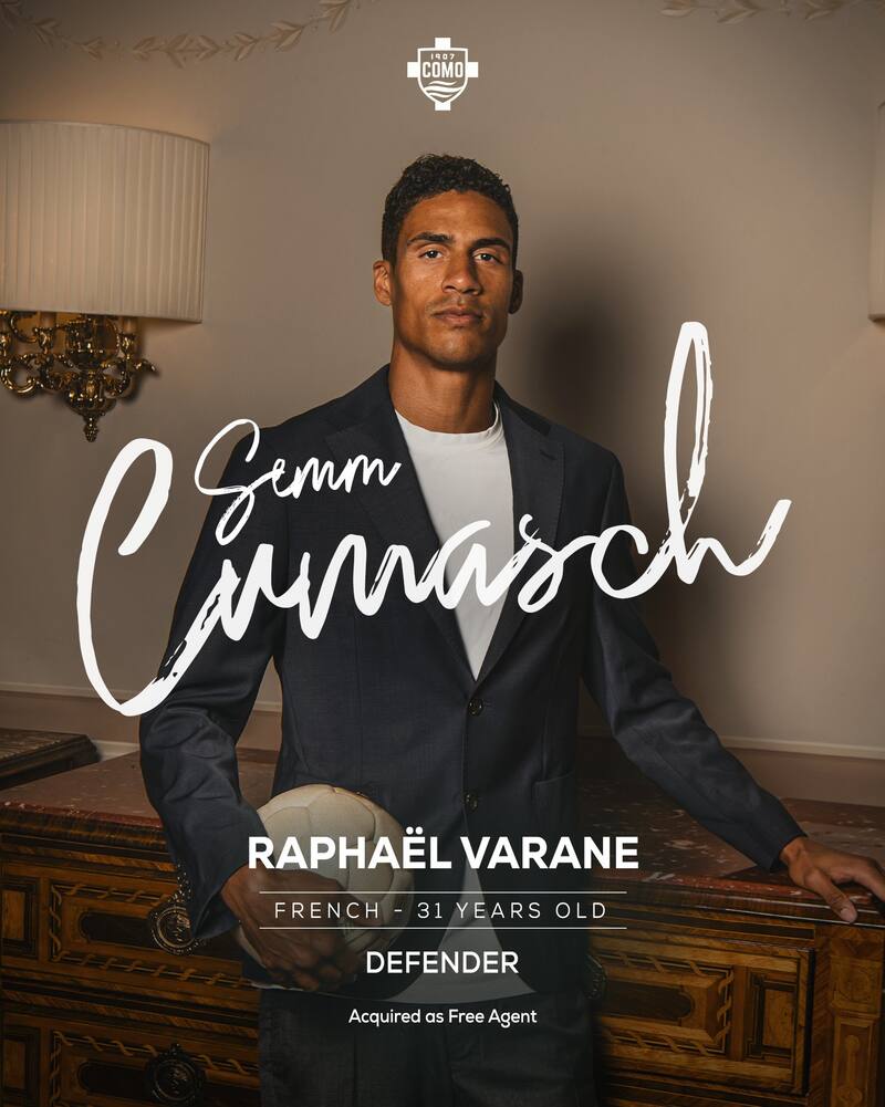 Raphael Varane fue presentado en la redes sociales del club. Foto: @Como_1907