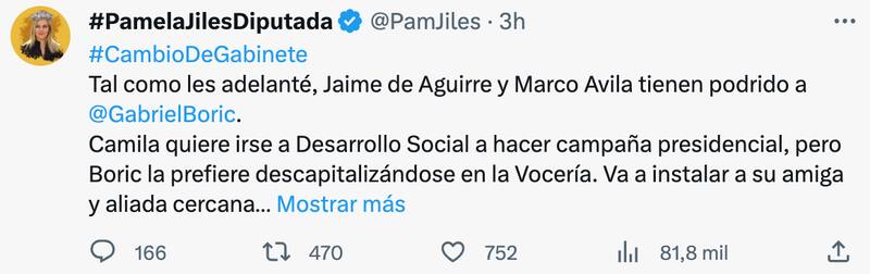 Posteo de Pamela Jiles en relación al Cambio de Gabinete.