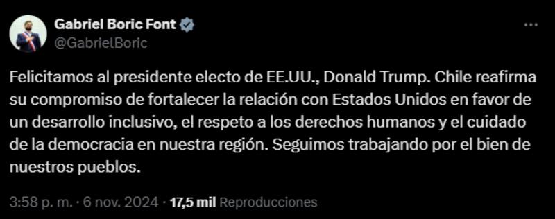 El mensaje del Presidente de Chile a su par de Estados Unidos.
