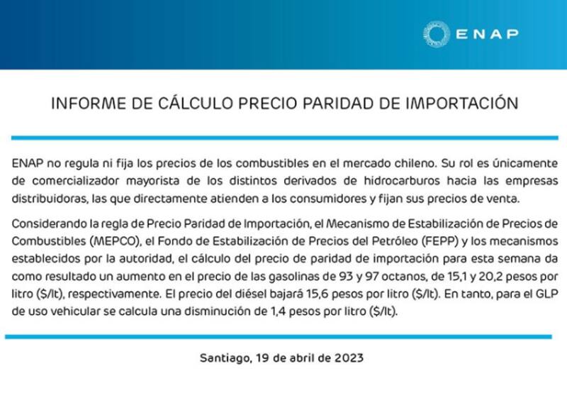 Informe semanal sobre el precio de los combustibles. Créditos: ENAP.
