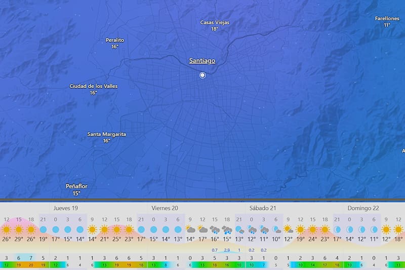 El momento donde caerá más lluvia será cerca de las 19:00 horas de este viernes. Créditos: Windy.