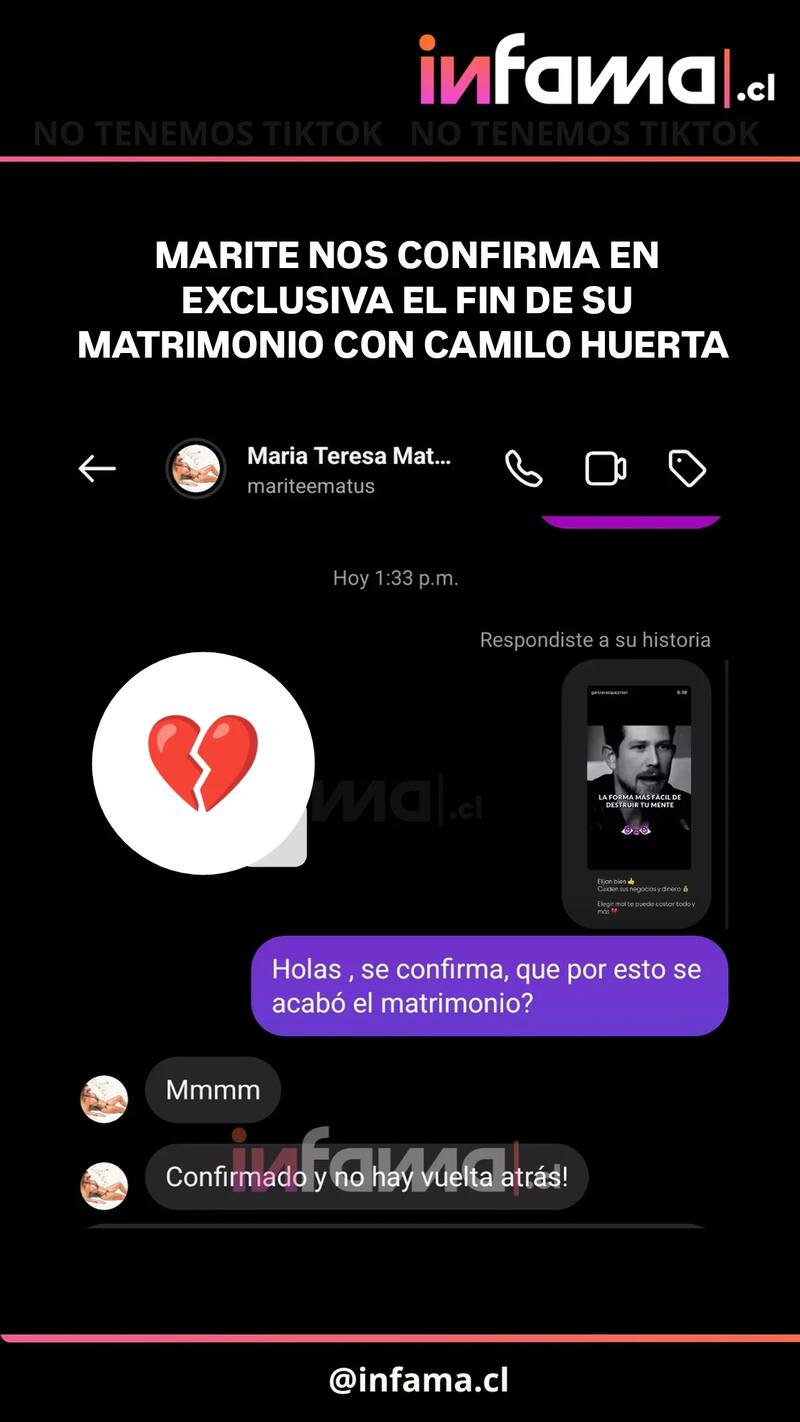 compartió la confirmación de quiebre de Marité Matus.