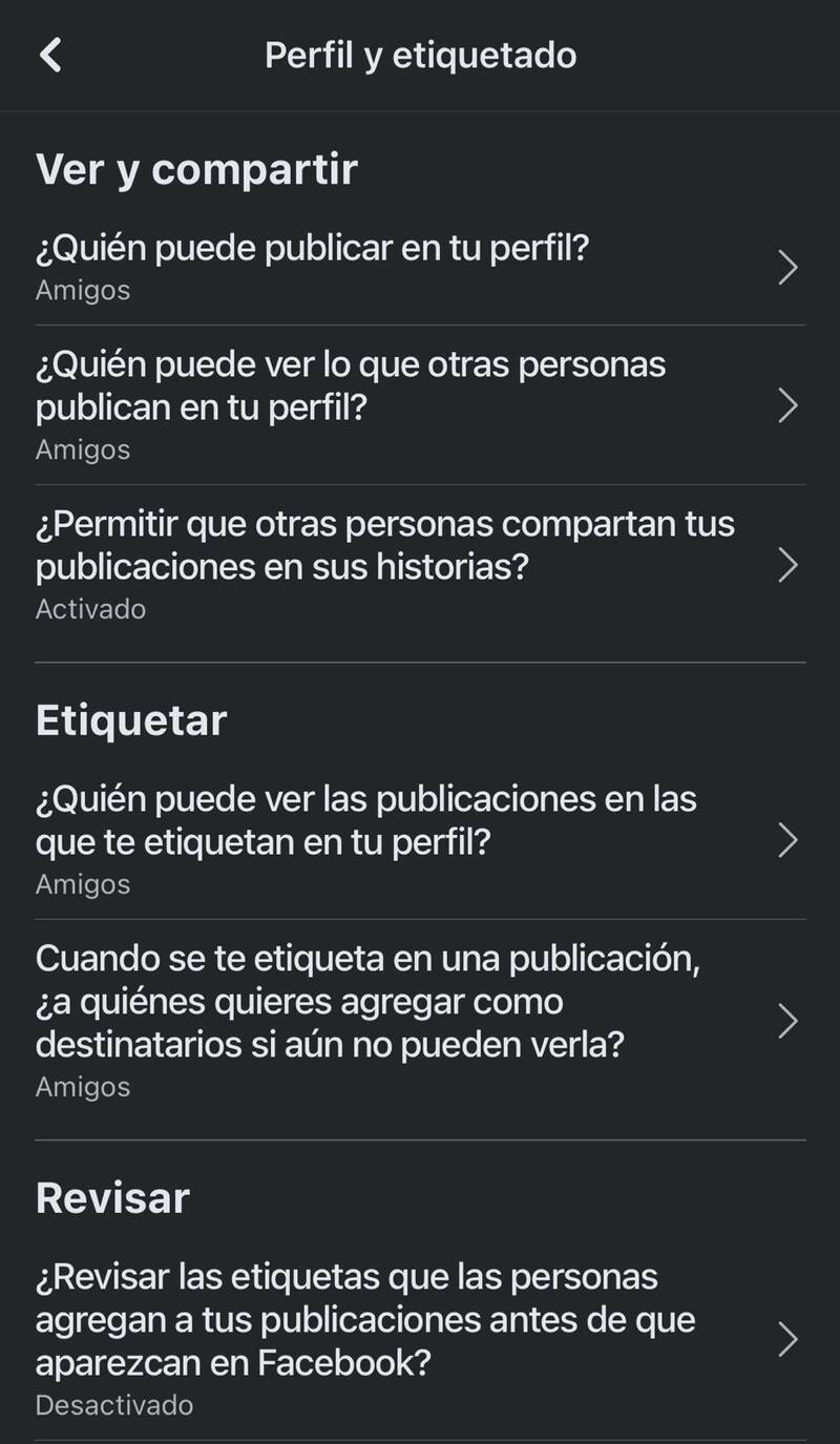 Las opciones para restringir las acciones en nuestro Facebook.