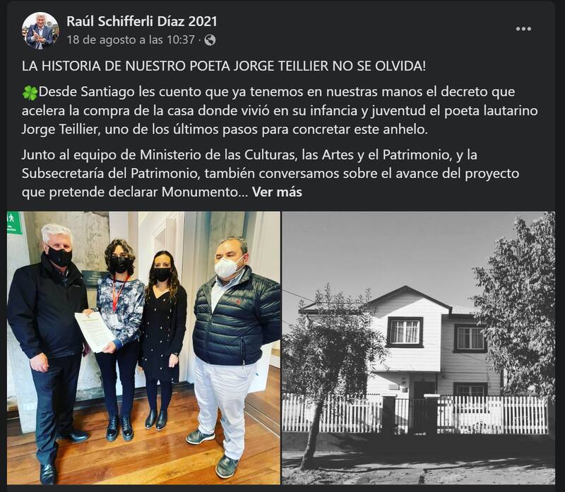 Publicación desde el Facebook de Raúl Schifferli sobre la casa del poeta Teillier.