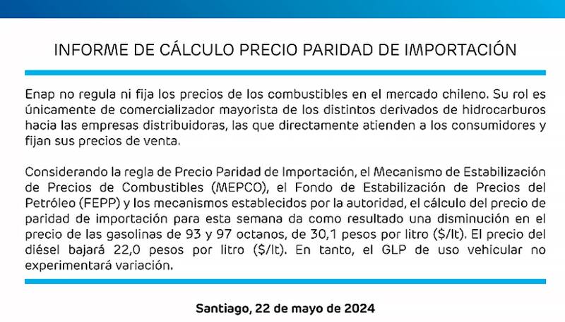 A partir de este jueves, la gasolina de 93 y 07 octanos tendrá una disminución de $30 por litro.