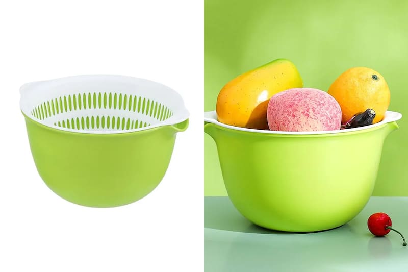 Juego de coladores verdes, perfectos para cocina, con dos tamaños prácticos.