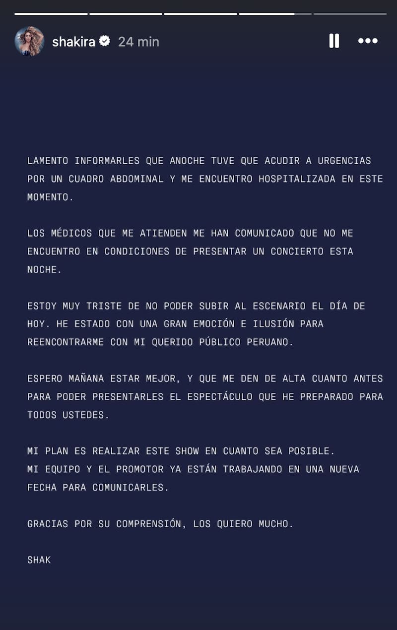 La cantante compartió un comunicado comentando acerca de su estado de salud, y que, debido a esto, no podrá realizar la primera fecha programada en Perú. Créditos Captura: Instagram.