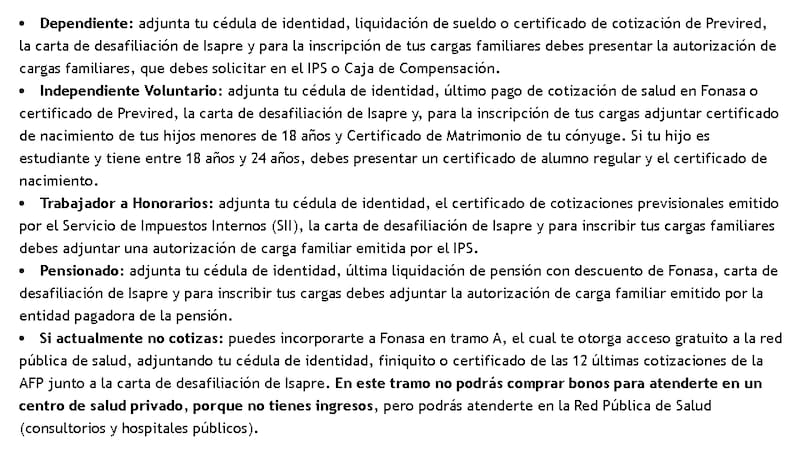 Documentos para afiliarse a Fonasa.