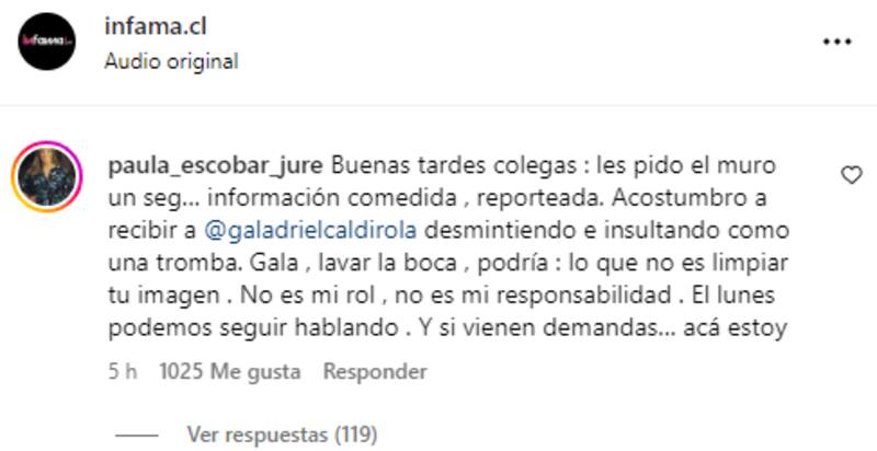 Este es el mensaje que dejó Paula Escobar en el Instagram de Infama.