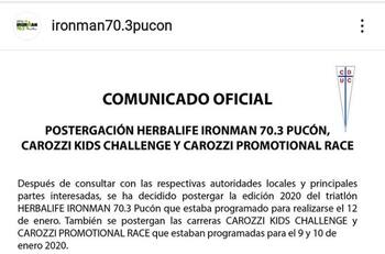 Ironman 70.3 de Pucón fue suspendido por la crisis social del país