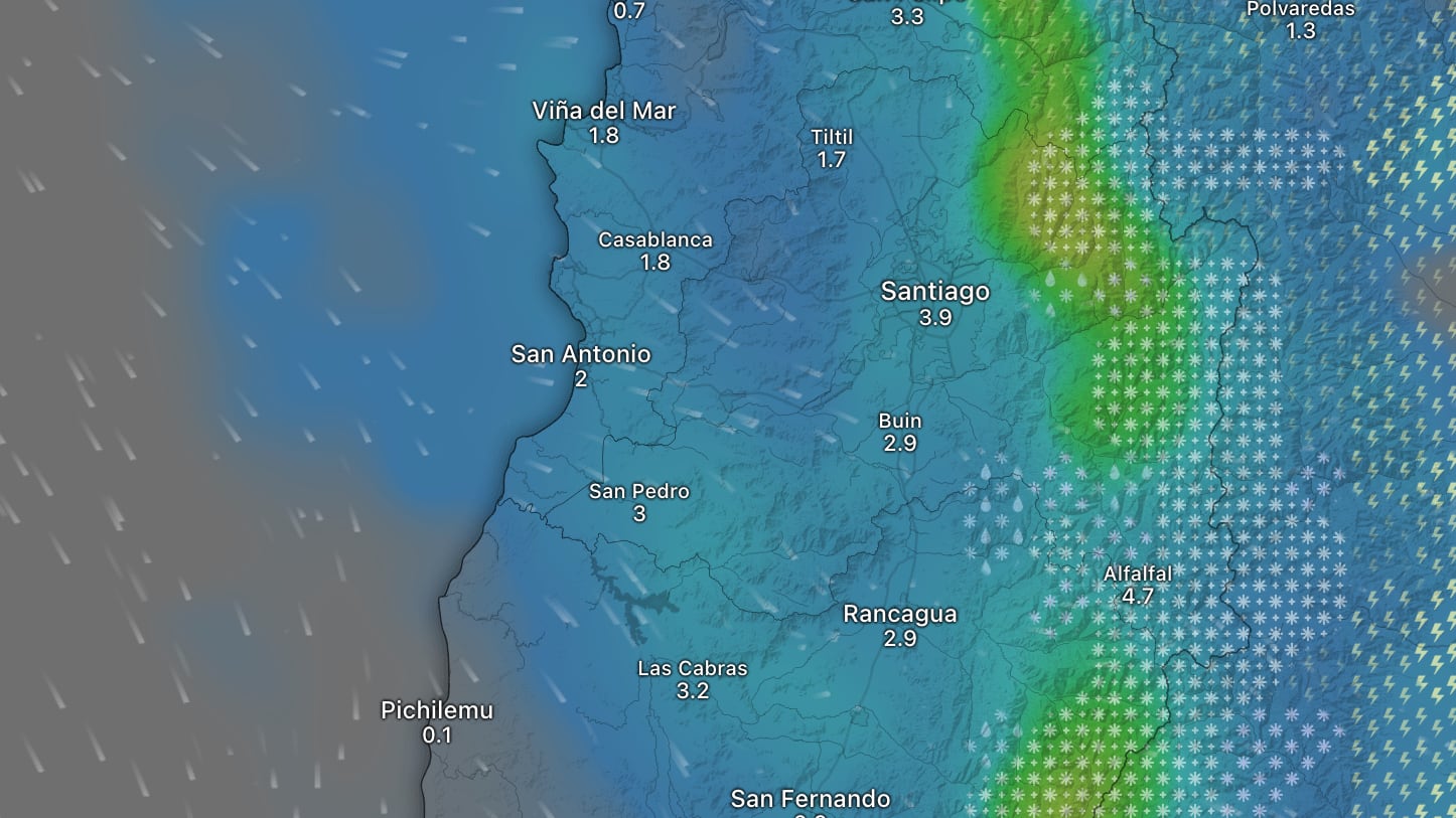 Mapa de precipitaciones para este viernes de la aplicación Windy.